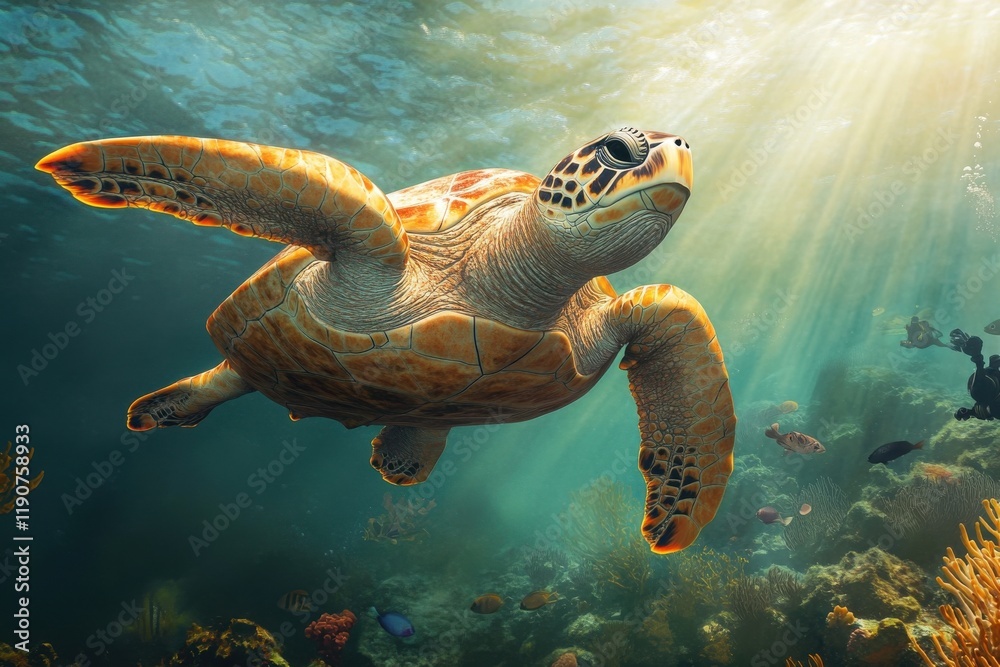 Naklejka premium Ocean life captured in vibrant underwater scene with divers