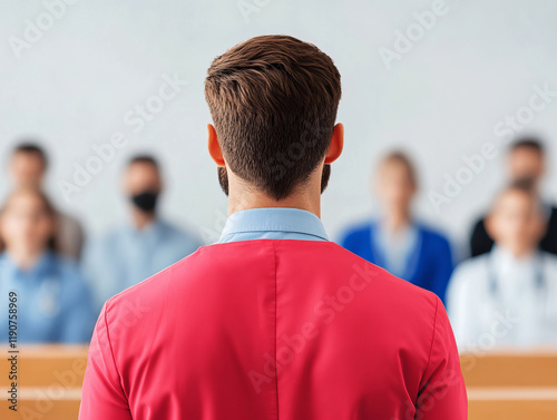 Man in red jacket speaking at conference with audience in background, discussing oncology advancements