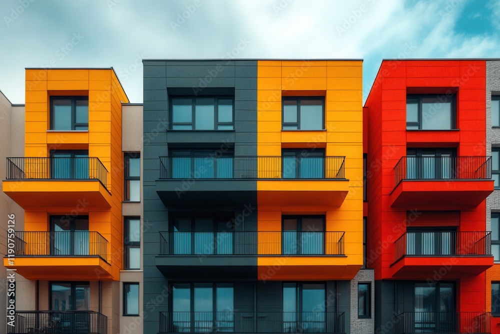 Fototapeta premium Modern apartment building showcasing vibrant colored facades under a cloudy sky