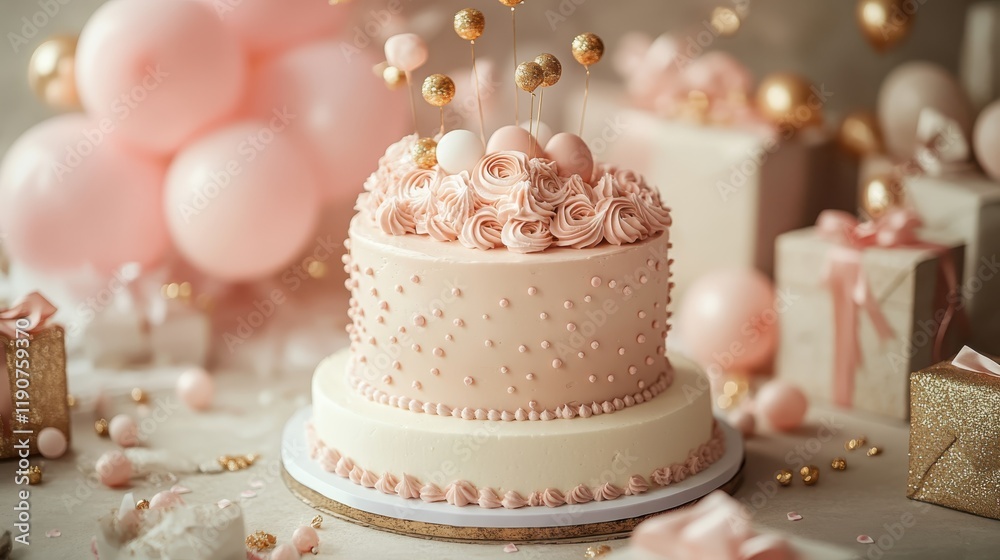 Stylish and modern cake surrounded by gifts and balloons. Pastel colors. Generative AI. Stylish and modern cake surrounded by gifts and balloons. Pastel colors. Generative AI.