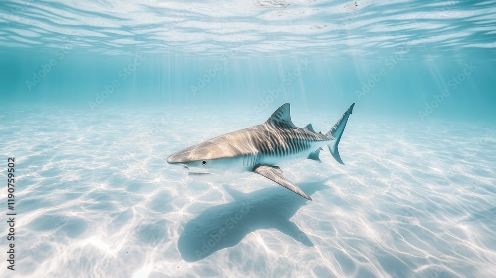 Fototapeta premium Tiger shark swimming in shallow, clear ocean water.