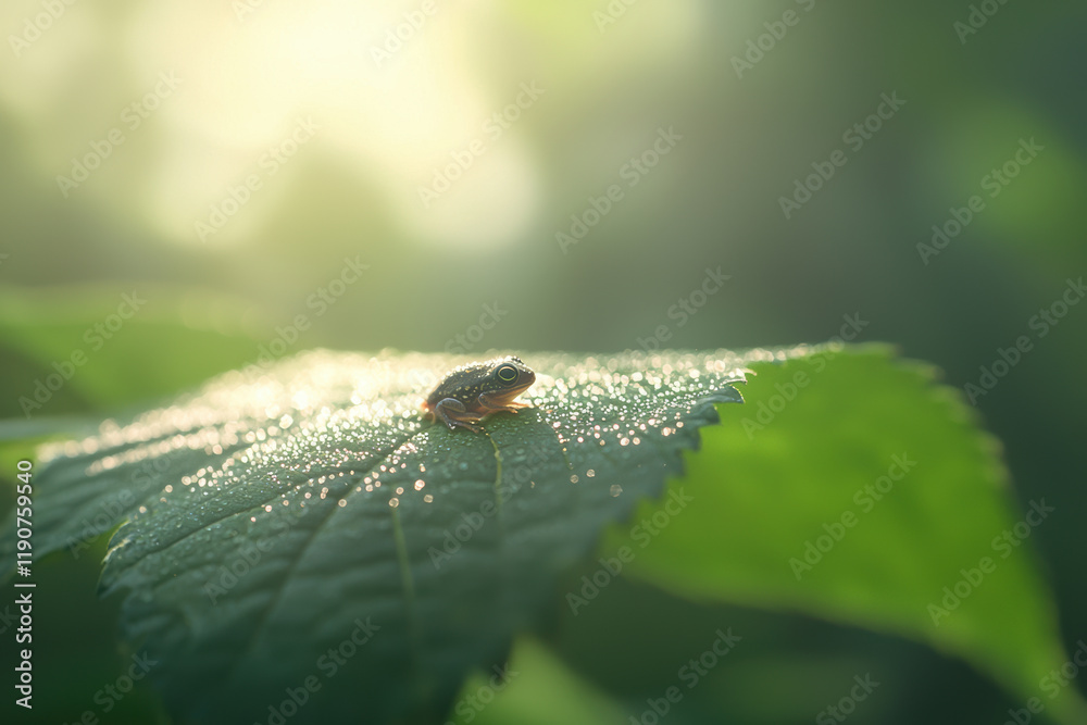 Tiny froglet resting on dew covered leaf in soft light