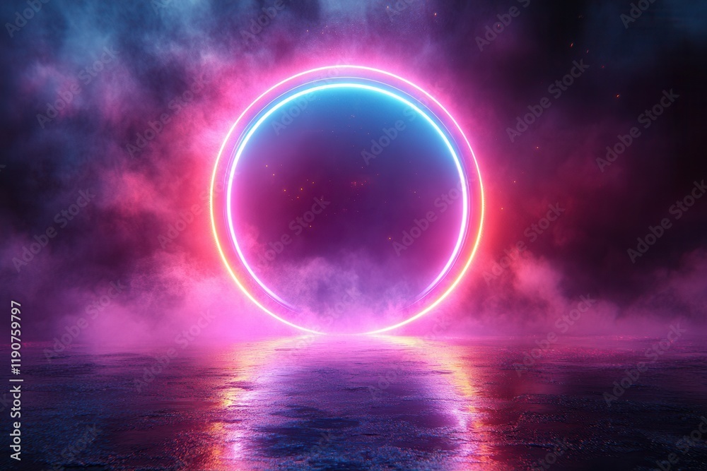 Bright neon circle glowing in a dark misty background represents a futuristic portal to another dimension Bright neon circle glowing in a dark misty background represents a futuristic portal to another dimension