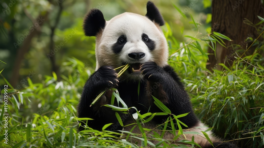 Giant Panda Enjoying Bamboo in Natural Setting Giant Panda Enjoying Bamboo in Natural Setting
