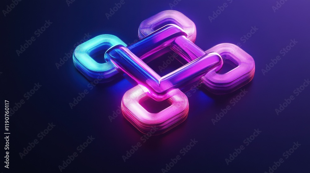 Futuristic digital chain link in vibrant neon colors against a dark background, representing connectivity and blockchain technology. Futuristic digital chain link in vibrant neon colors against a dark background, representing connectivity and blockchain technology.