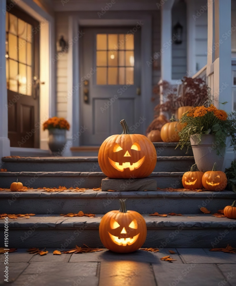 Obraz premium Carved Jack O Lantern pumpkin on a porch step, seasonal decor, autumnal ambiance, carved pumpkins