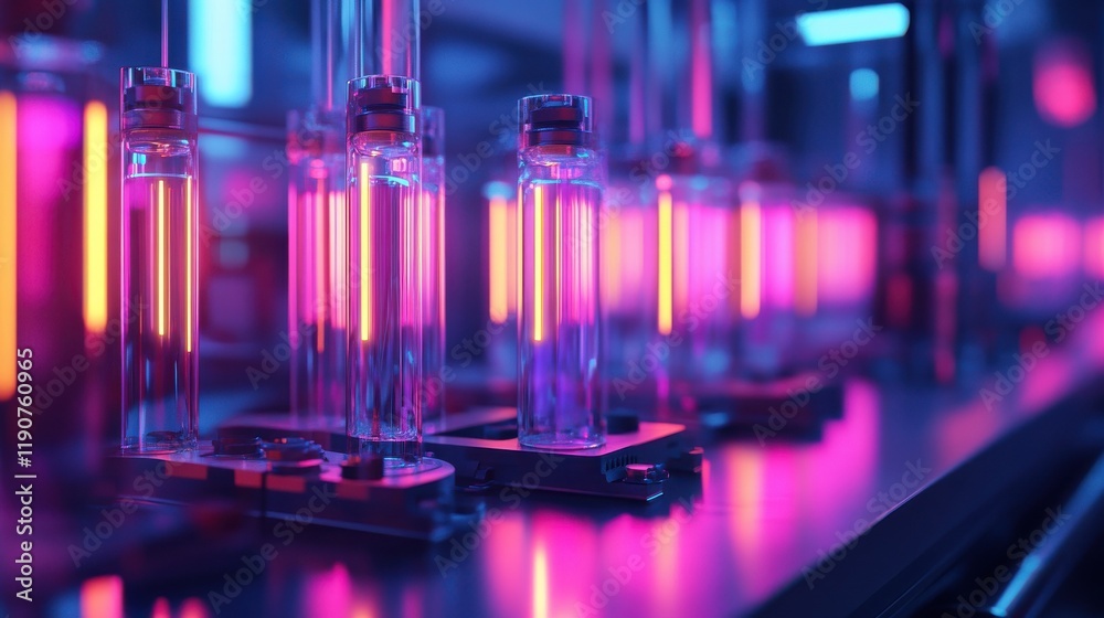 Row of glowing neon tubes in a futuristic laboratory setting. Row of glowing neon tubes in a futuristic laboratory setting.