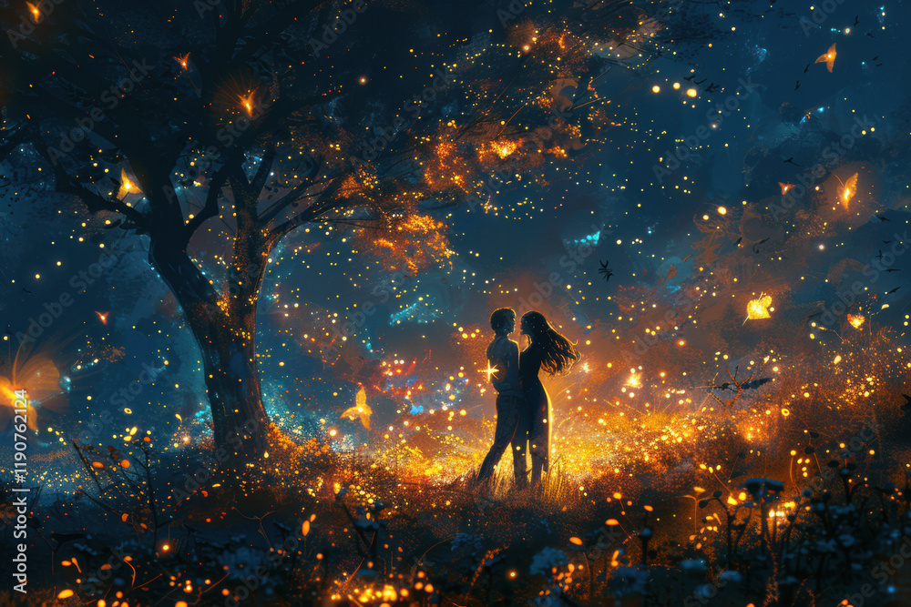 Obraz premium In a mystical glade, a couple dances tenderly amidst a swarm of glowing fireflies, creating an enchanting atmosphere filled with romance as dusk settles softly around them.
