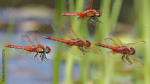 Vibrant Red Dragonflies in Flight Over a Serene Pond Surrounded by Lush Greenery Captured in Stunning Detail and Natural Light