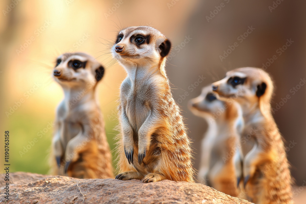 Fototapeta premium Alert meerkats standing on rock, observing their surroundings