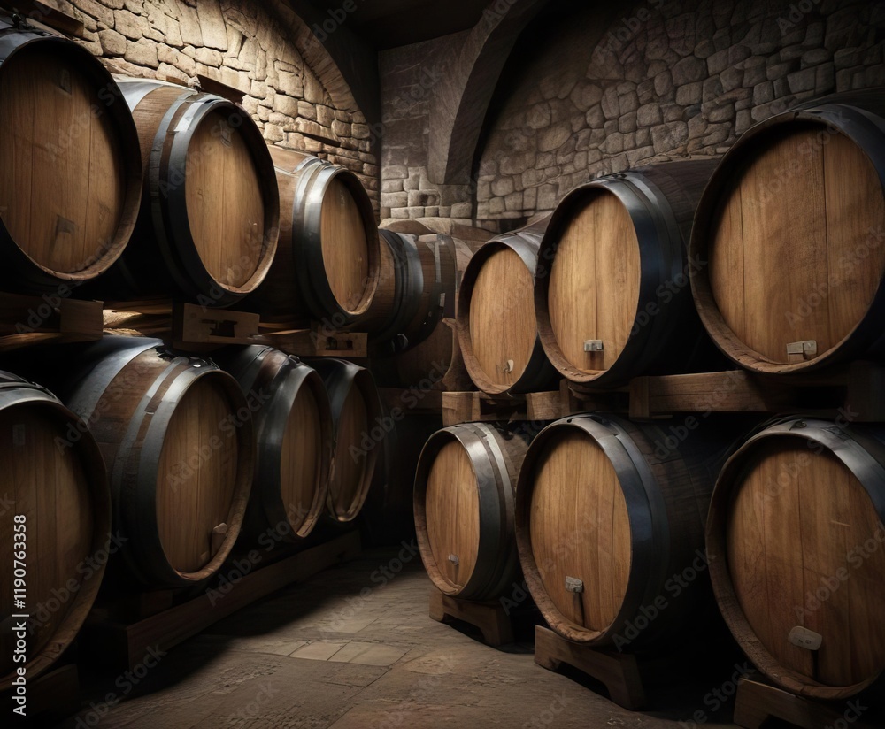 Close-up of a wine barrel stacked with other barrels in a dark cellar, vintage, fermenting, stack