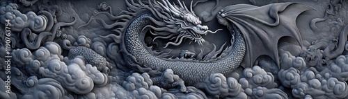 Majestic Dragon Soaring Through Stormy Skies with Dynamic Clouds and Mystical Atmosphere photo