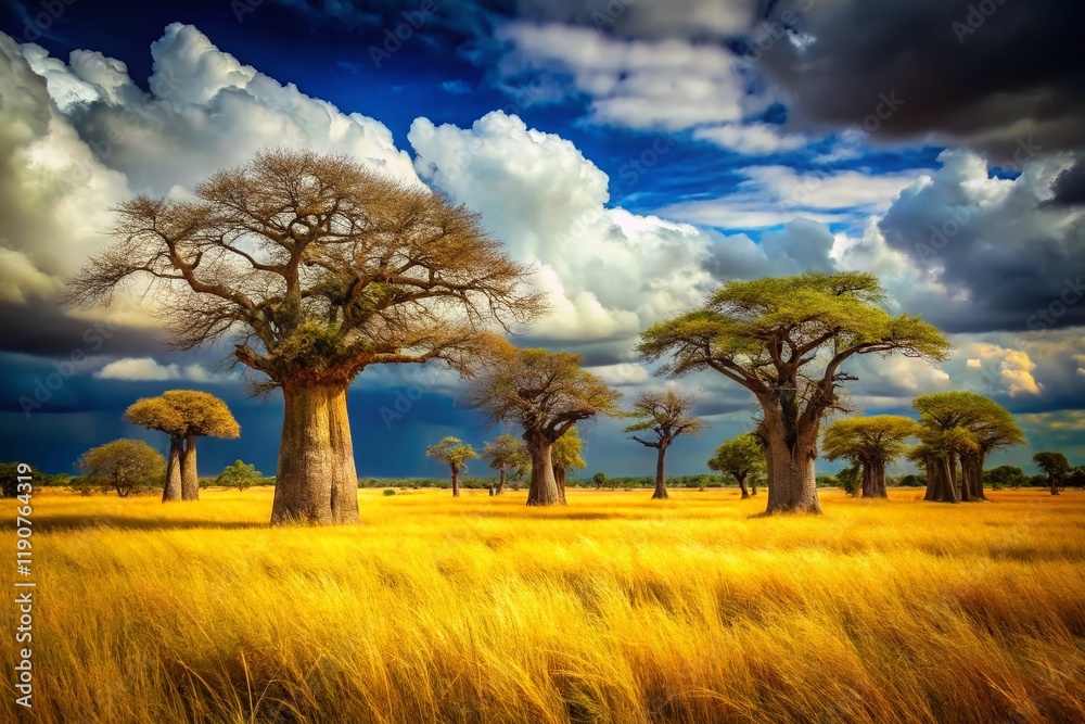 Fototapeta premium Senegal Baobab Trees: Tilt-Shift Rural African Landscape Photography