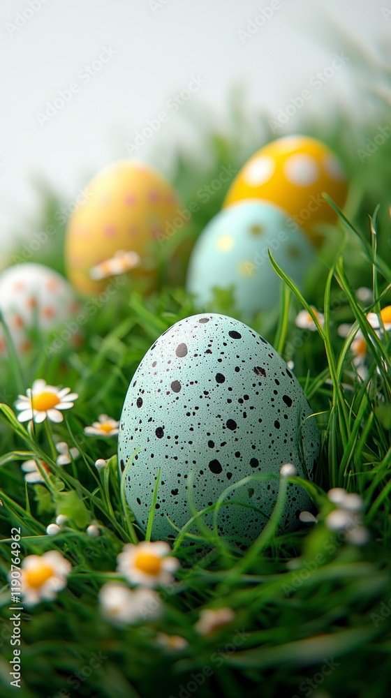 Fototapeta premium Colorful Easter Eggs Surrounded by Grass and Flowers in a Minimalist Setting for Celebrating Spring and Festivities