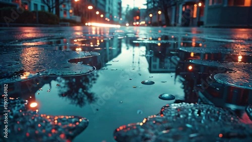 Urban Reflection: A captivating street scene at dusk, with shimmering city lights reflected in a puddle after a rainstorm. The urban landscape becomes a captivating canvas.
