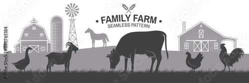 Family farm horizontal seamless pattern. Vector illustration. Vintage rustic design with chicken, goat, goose, horse, cow on the grass and farm house silhouette for background, wallpaper.