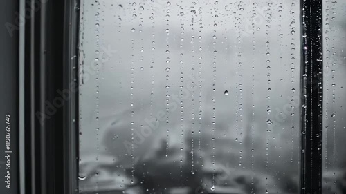 Rain-Streaked Window: A close-up view of a window pane, beaded with rain droplets, blurring the cityscape beyond. The soft, gray light of a rainy day creates a tranquil, melancholic atmosphere.
