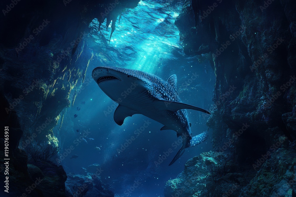 Obraz premium Whale shark glides in bioluminescent underwater cave with ocean view