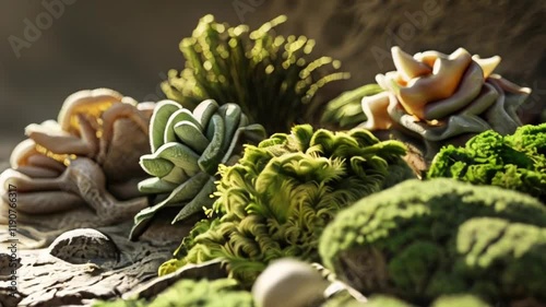 Abstract Mossy Textures: A mesmerizing display of vibrant green, beige, and white moss clusters create intricate textures and patterns, radiating a sense of tranquility and wonder.  