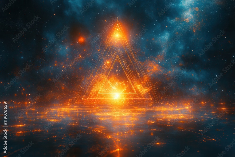 Vibrant energy emanates from a glowing pyramid in a cosmic landscape filled with stars and swirling clouds Vibrant energy emanates from a glowing pyramid in a cosmic landscape filled with stars and swirling clouds