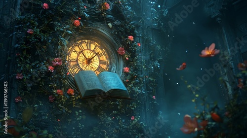 A mystical clock tower covered in glowing vines and flowers, with an open book floating at the center of the glowing clock face, book fantasy with copy space