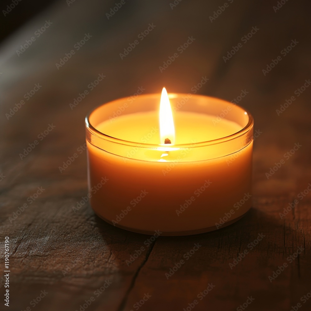 Warm and Inviting Candle Glowing Softly on Rustic Wooden Table, Creating a Cozy Atmosphere for Relaxation and Meditation, Perfect for Home Decor and Serenity