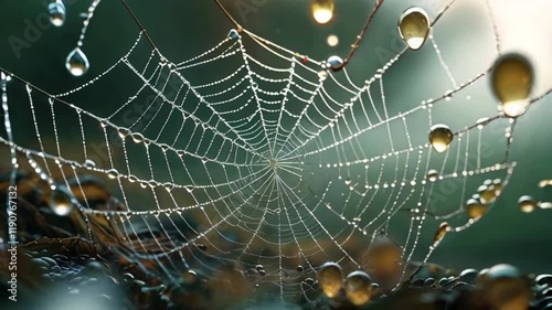 Web of Dew: A delicate spiderweb glistens with morning dew, showcasing the intricate patterns and the beauty of nature's finest details. Each drop of water reflects the surrounding greenery.