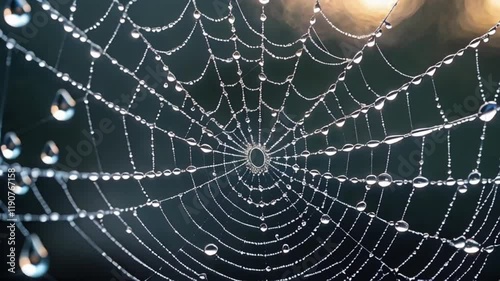 Dew-Kissed Spiderweb: Intricate spiderweb glistening with morning dew, capturing the delicate beauty of nature's artistry. The sunlight illuminates the water droplets, creating a mesmerizing display.