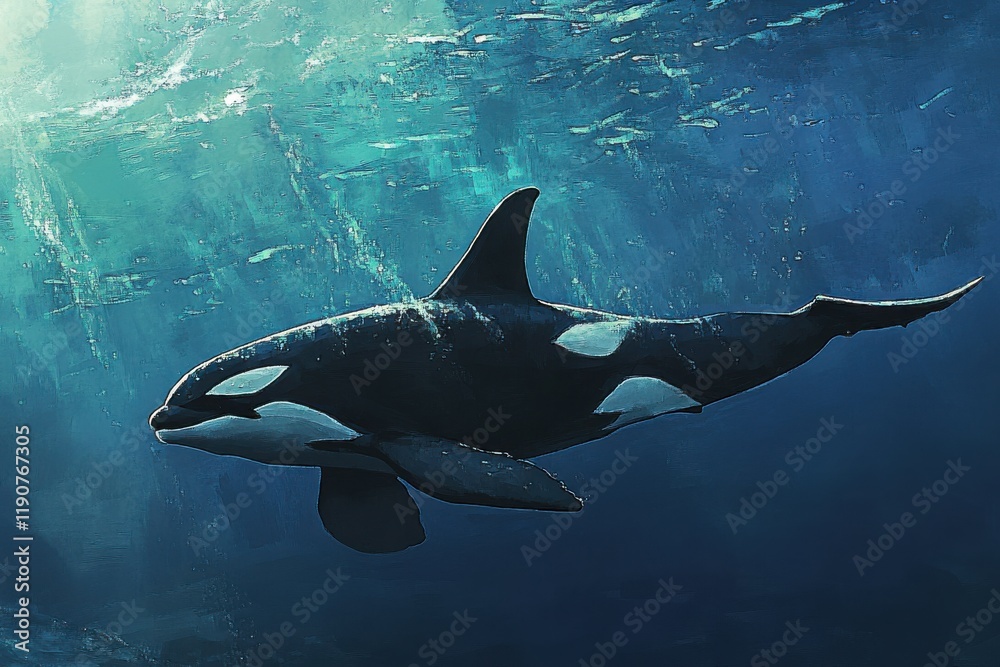 Fototapeta premium Orca swims near pod in tranquil ocean scene