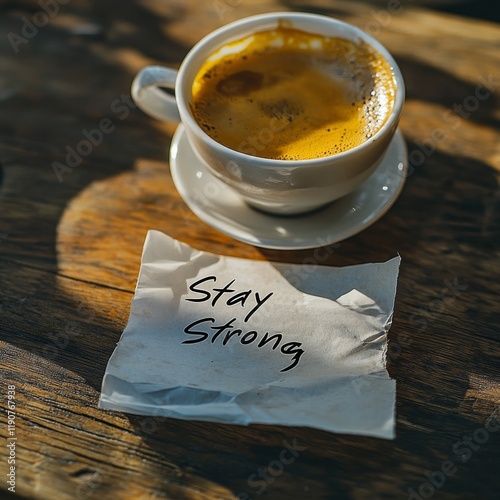 Warm Coffee Cup on Wooden Table with Motivational Note Reading 'Stay Strong' Encouraging Positivity and Resilience in Everyday Life