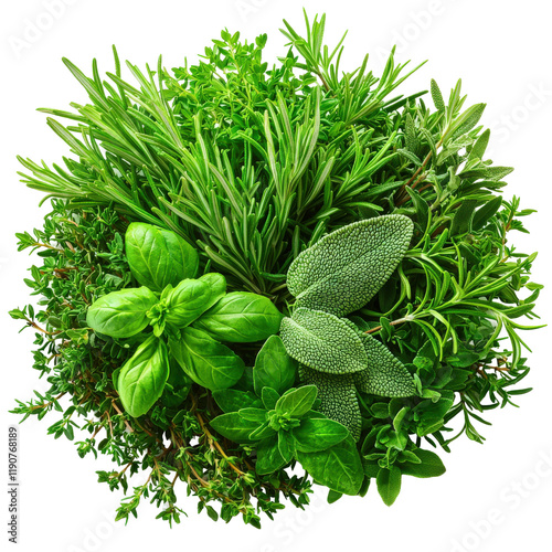 Aromatic herbs assortment rosemary, thyme, sage, oregano, basil.  Fresh, vibrant green culinary herbs. Perfect for cooking, recipes, and healthy eating.