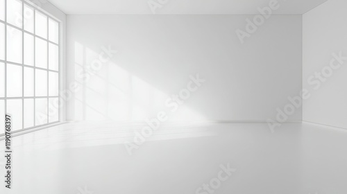 A minimalist, bright interior space with large windows and soft shadows.