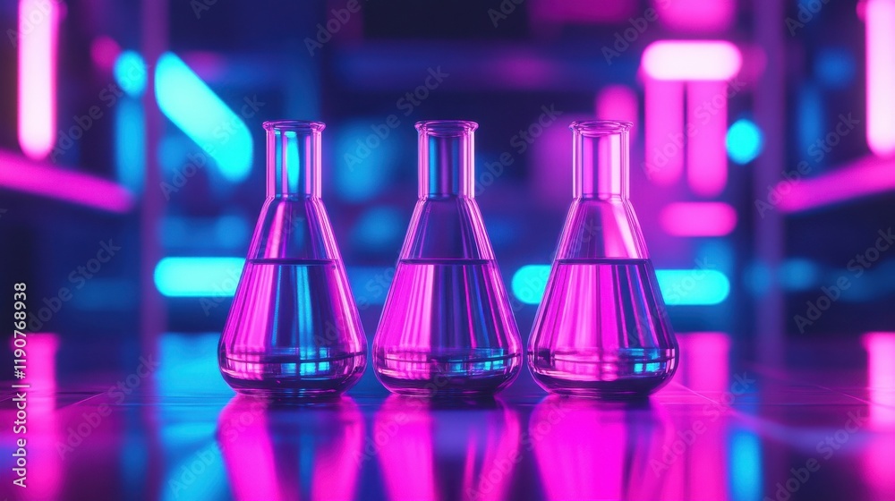 Three beakers filled with clear liquid sit on a table illuminated by vibrant pink and blue lights in a futuristic laboratory setting. Three beakers filled with clear liquid sit on a table illuminated by vibrant pink and blue lights in a futuristic laboratory setting.