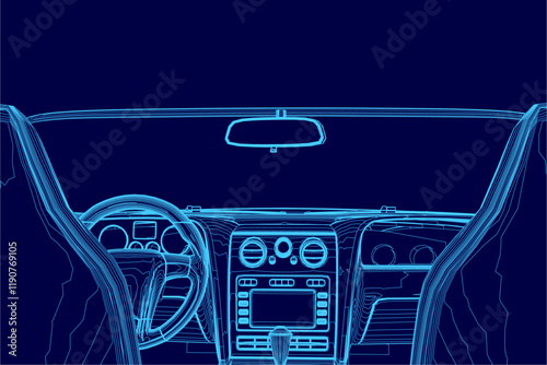 Blue cartoon drawing of a car's interior with a driver's seat and a steering wheel. The car is a luxury vehicle with a large dashboard and a radio. Scene is calm and relaxed