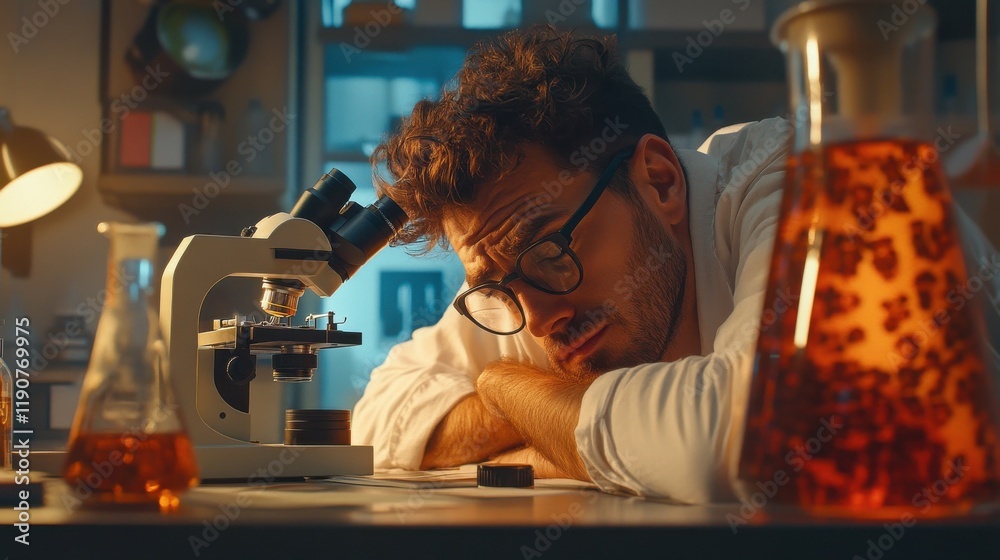 Naklejka premium science research, work and people concept - tired male scientist with microscope working in laboratory