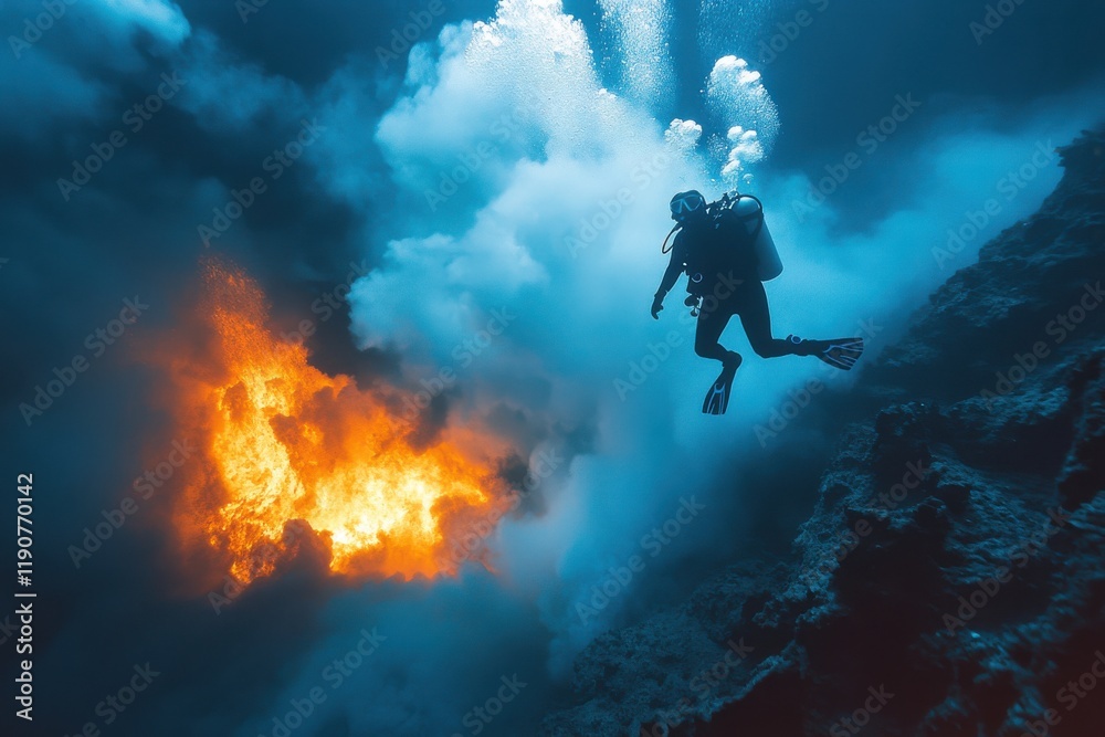 Fototapeta premium Underwater Scuba Diver in Geothermal Volcanic Setting photography
