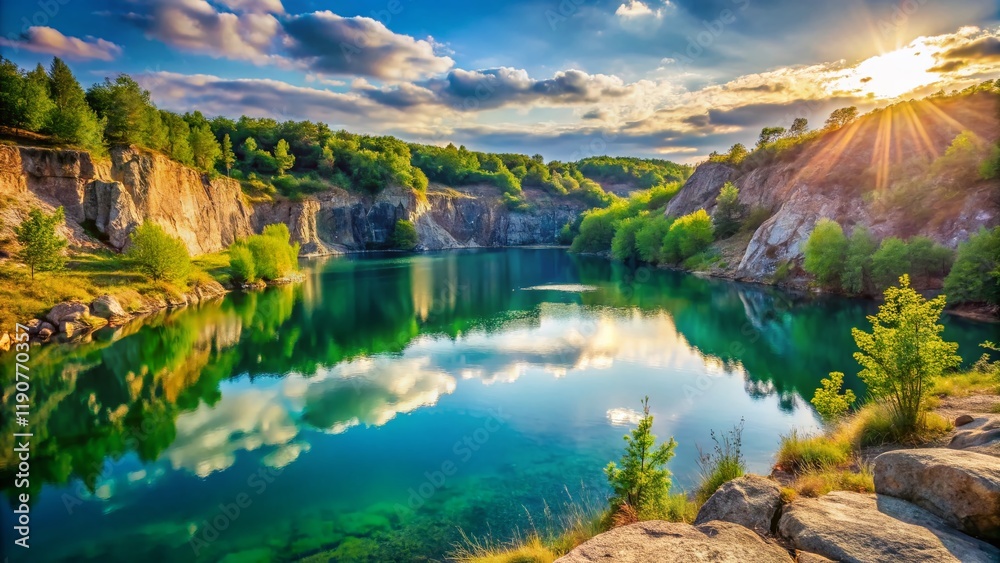 Fototapeta premium Serene Summer Lake at Abandoned Quarry: Stunning Landscape Photography