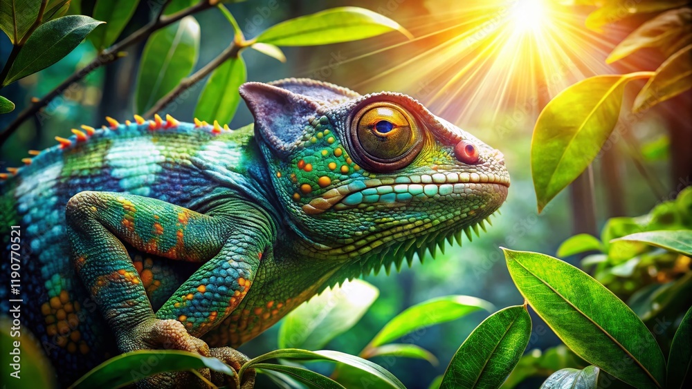 Giant Chameleon Hiding in Lush Rainforest Canopy - Stock Photo Giant Chameleon Hiding in Lush Rainforest Canopy - Stock Photo
