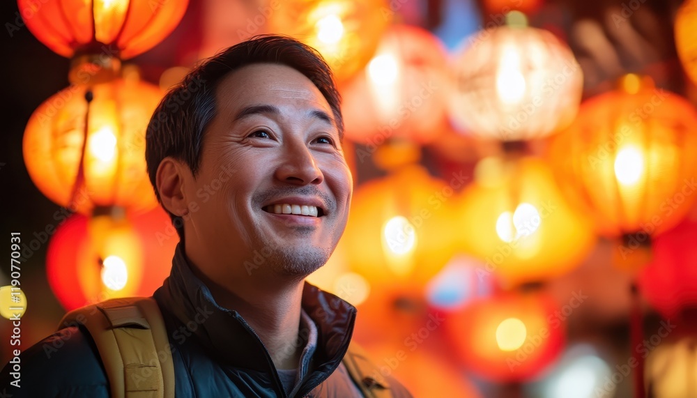 Fototapeta premium Smiling Man Amidst Glowing Lanterns at Night Festival