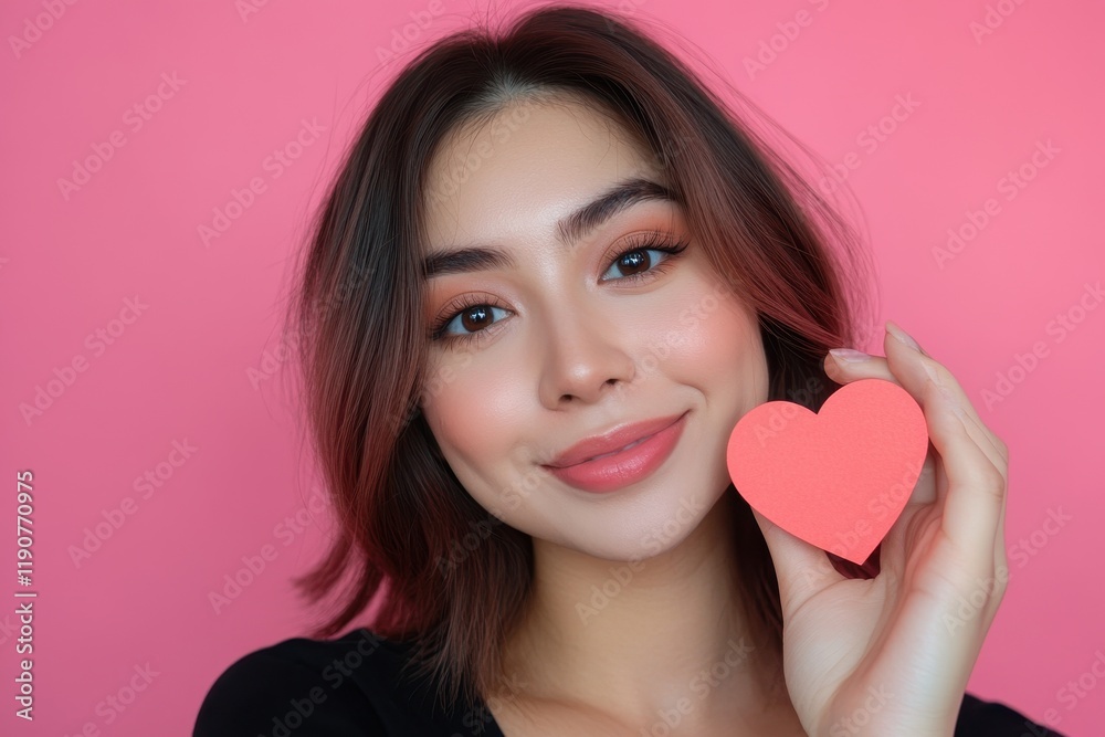 Smiling Woman Holding a Red Heart Against Pink Background Smiling Woman Holding a Red Heart Against Pink Background