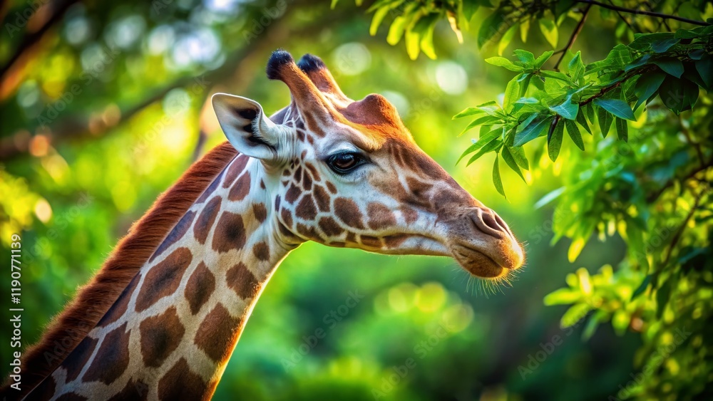Giraffe Profile Close-Up, Long Exposure, Green Tree Background - Wildlife Stock Photo Giraffe Profile Close-Up, Long Exposure, Green Tree Background - Wildlife Stock Photo
