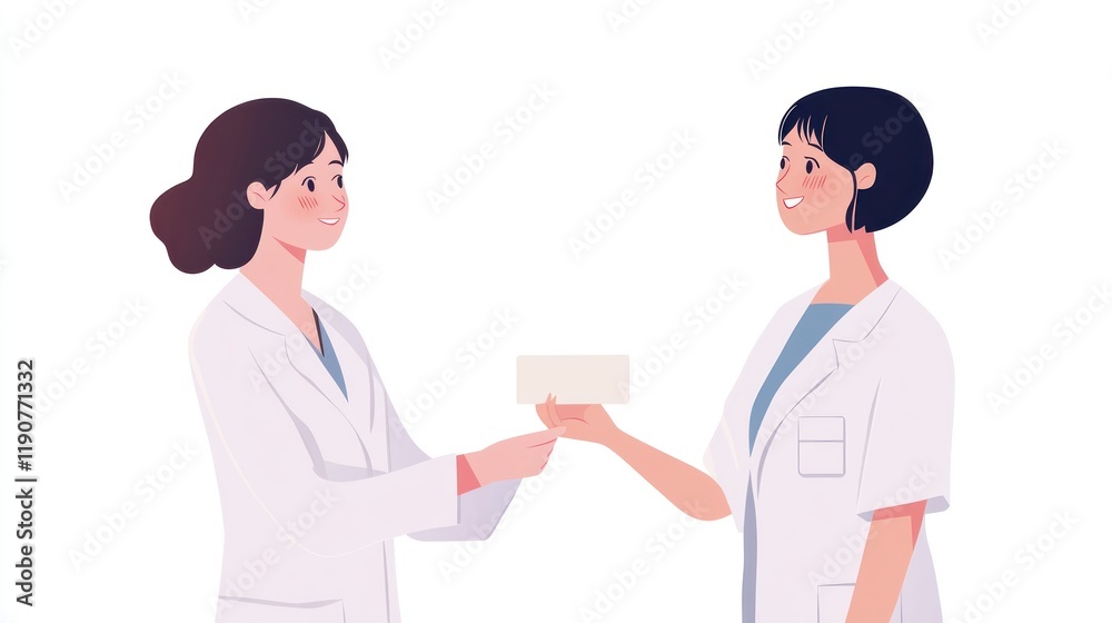 Two female doctors exchanging a card, smiling. Two female doctors exchanging a card, smiling.