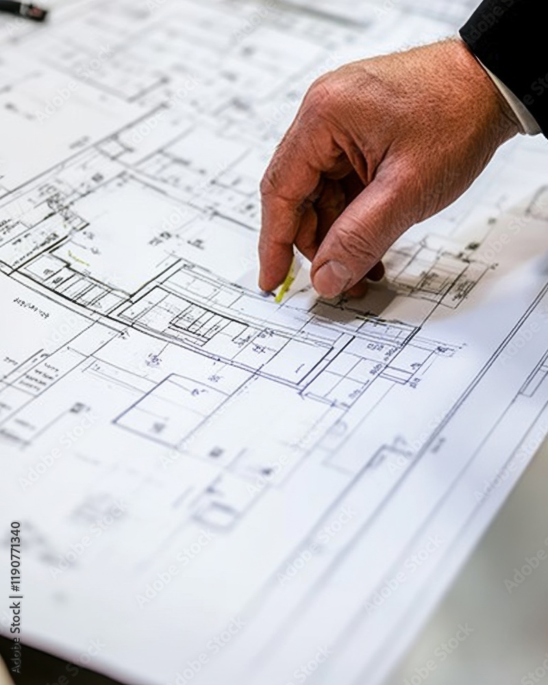A Hand Reviews Architectural Blueprints Detailed Design A Hand Reviews Architectural Blueprints Detailed Design
