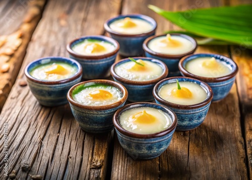 Delicious Thai Coconut Milk Custard (Khanom Thuai) in Ceramic Cups on Wooden Floor - Stock Photo photo