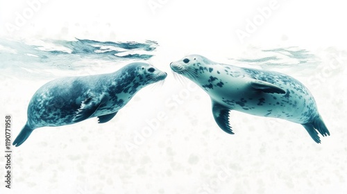 Two harbor seals underwater, facing each other. photo