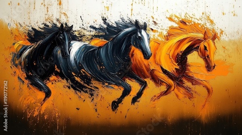 Dynamic Painting of Galloping Horses in Bold Black, White, and Orange Tones with Abstract Brush Strokes on an Energetic Background photo