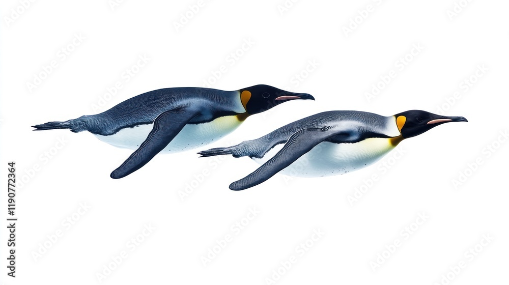 Naklejka premium Two king penguins gracefully swimming underwater, isolated on white.