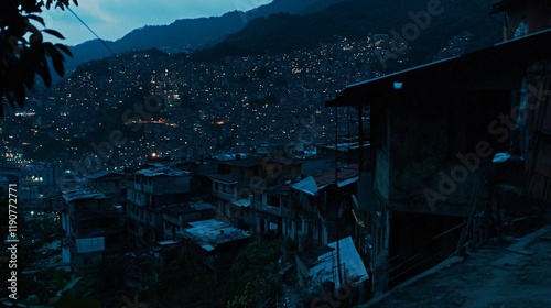 Night View of Densely Populated Hillside Cityscape photo