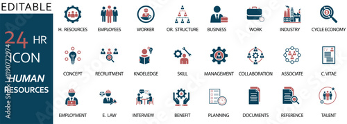 Editable 24 HR icon set featuring human resources, recruitment, management, planning, collaboration, and business concepts. Perfect for corporate, employment, and workflow design projects.