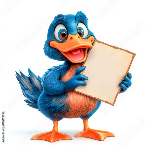 Quirky duck with surprised expression holds blank sign, ready for fun communication in a playful setting